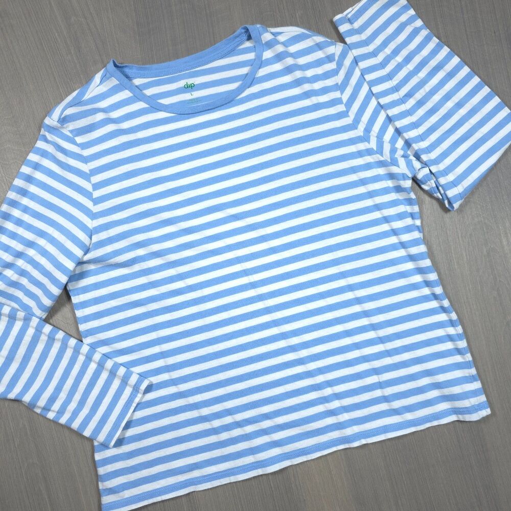 Dip Women's Large L Blue White Striped Crewneck Long Sleeve